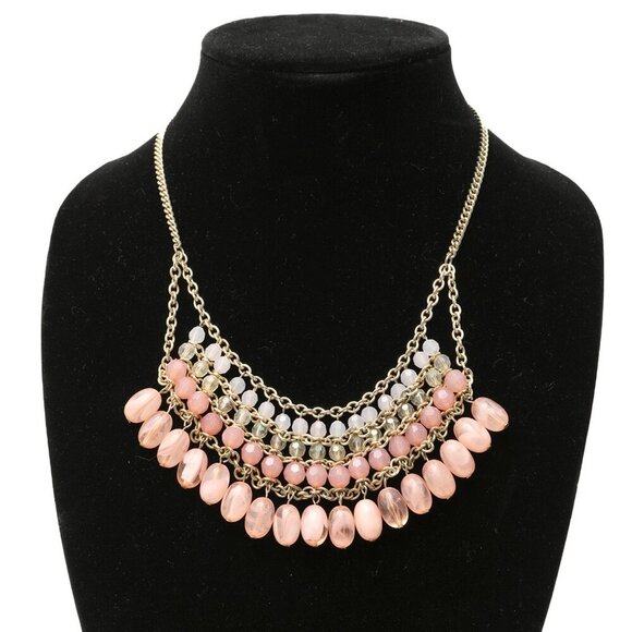 Layered Bib Statement Necklace Dangle Beaded Pink Coral Gold Iridescent Party - Picture 1 of 7